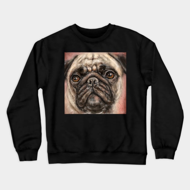 Close Up Painting of a Pug with its Gorgeous Orange Eyes and Expression on Red Background Crewneck Sweatshirt by ibadishi